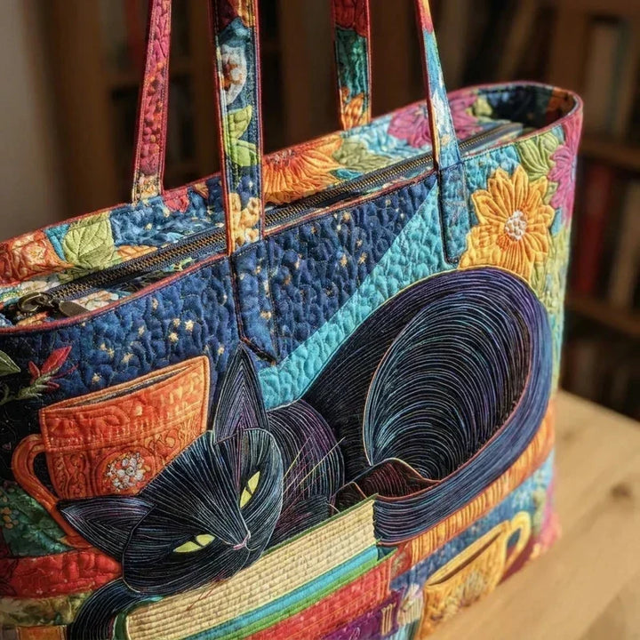 Book Nook Cat Quilted Tote Bag