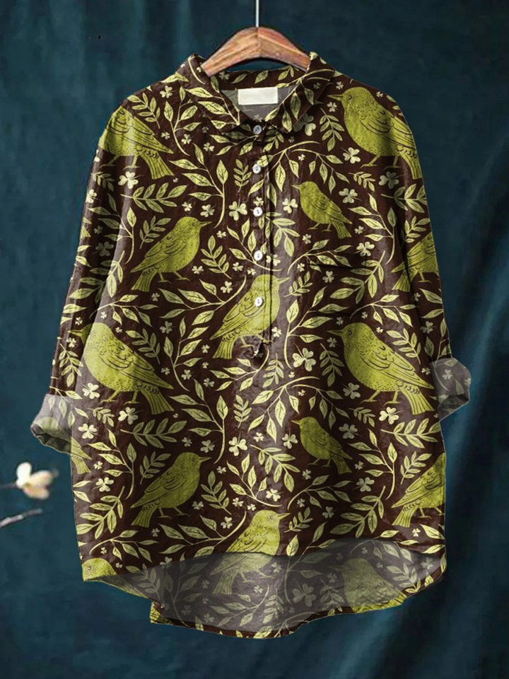 Victoria | Women's Vintage Floral Birds Art Print Casual Shirt