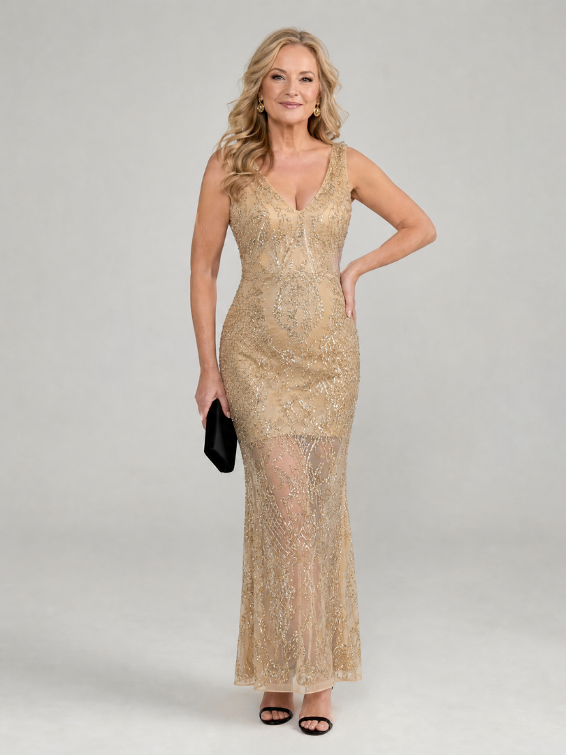 Sirea™ Sequin Sleeveless Sheer Panel Midi Dress