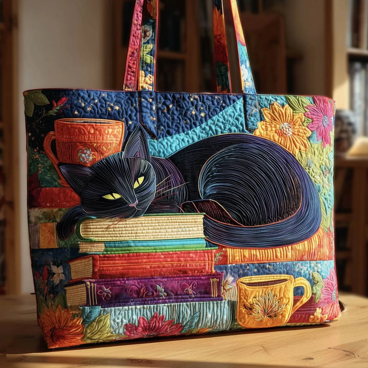 Book Nook Cat Quilted Tote Bag