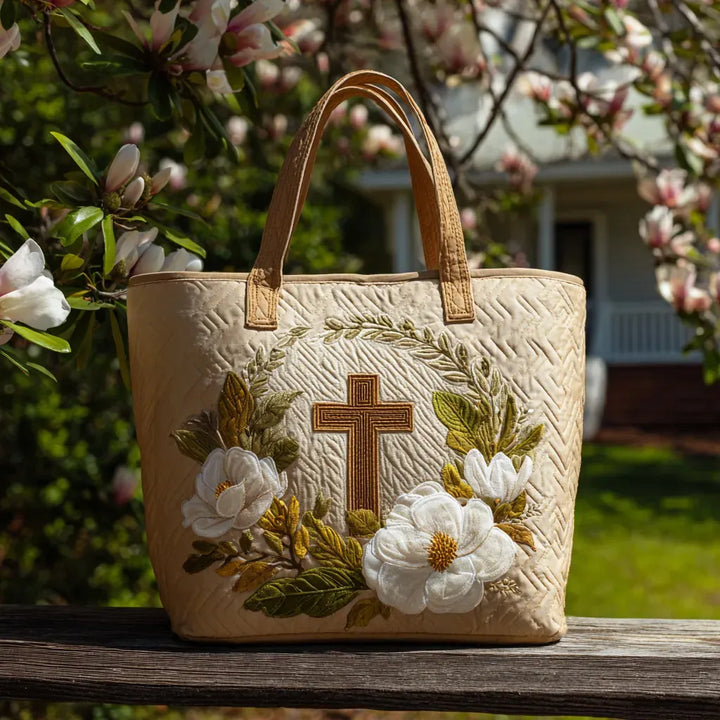 Floral Cross Quilted Tote Bag