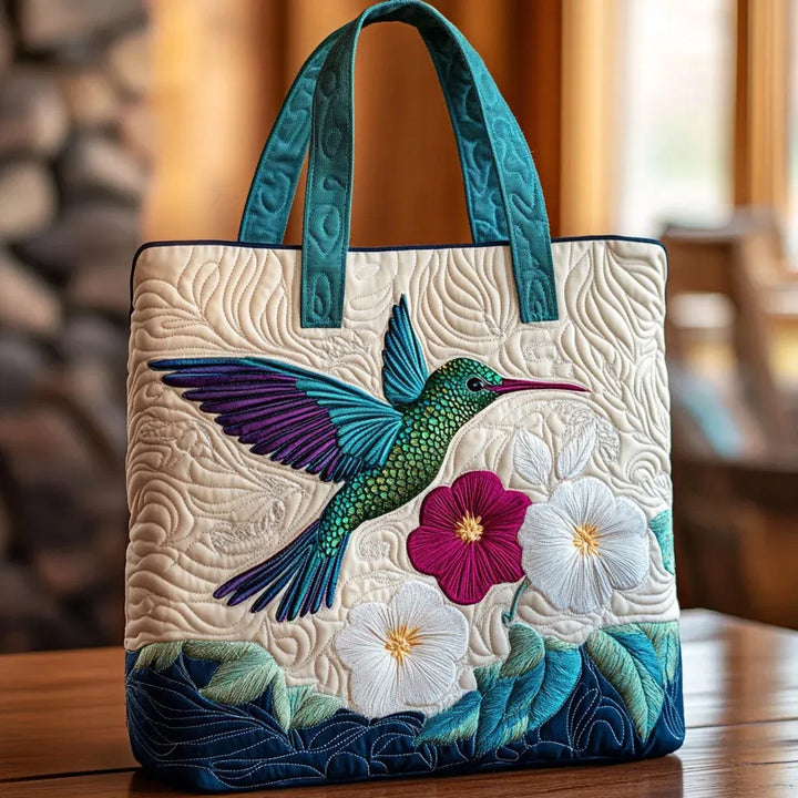 Hummingbird and Flowers Quilted Tote Bag