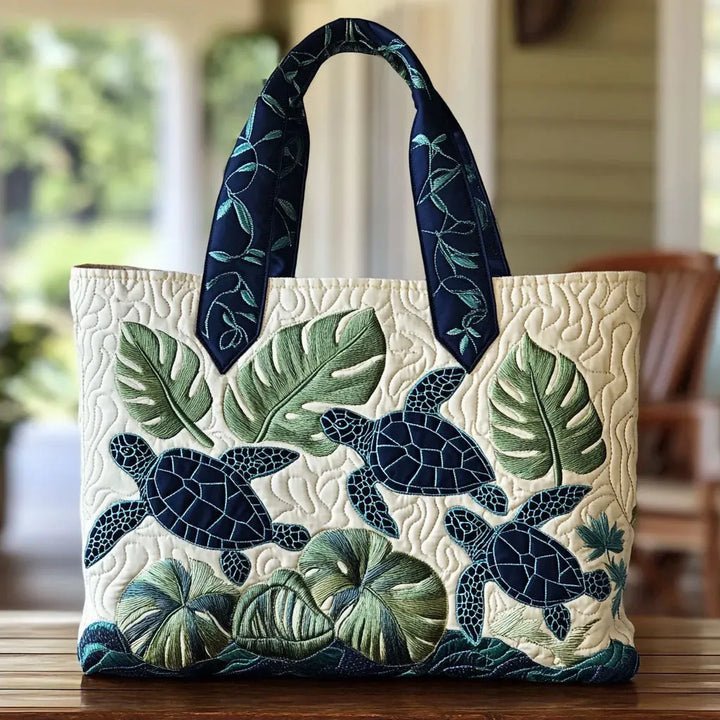 Tropical Leaf Turtles Quilted Tote Bag