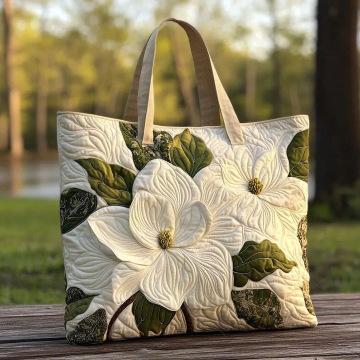 White Flowers Quilted Tote Bag