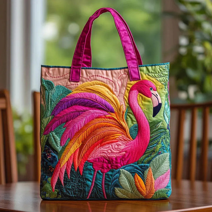 Flamingo and Rainbow Quilted Tote Bag