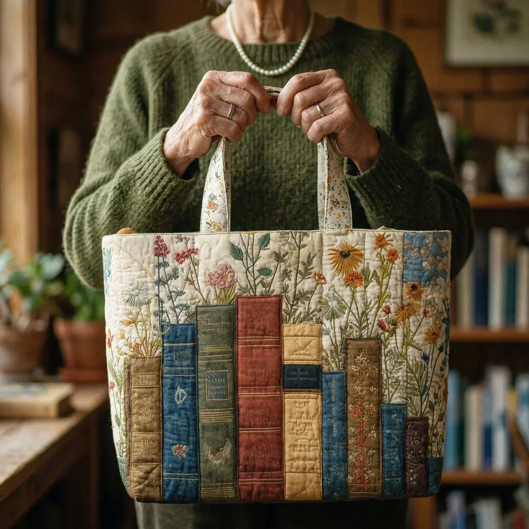 Books and Flowers Quilted Tote Bag