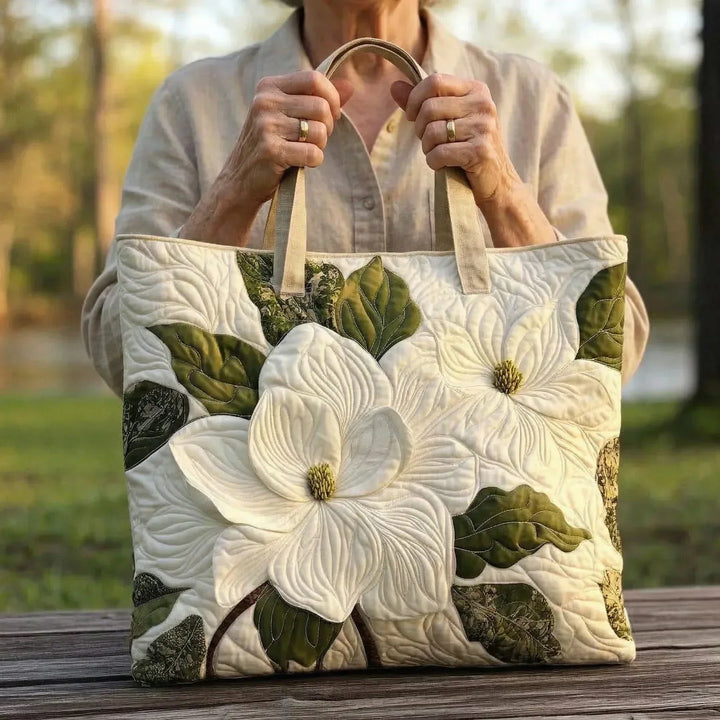 White Flowers Quilted Tote Bag