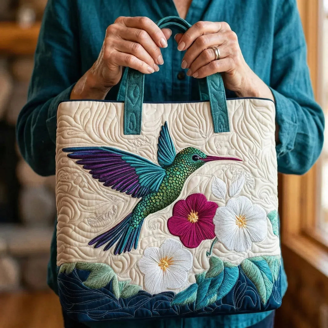 Hummingbird and Flowers Quilted Tote Bag