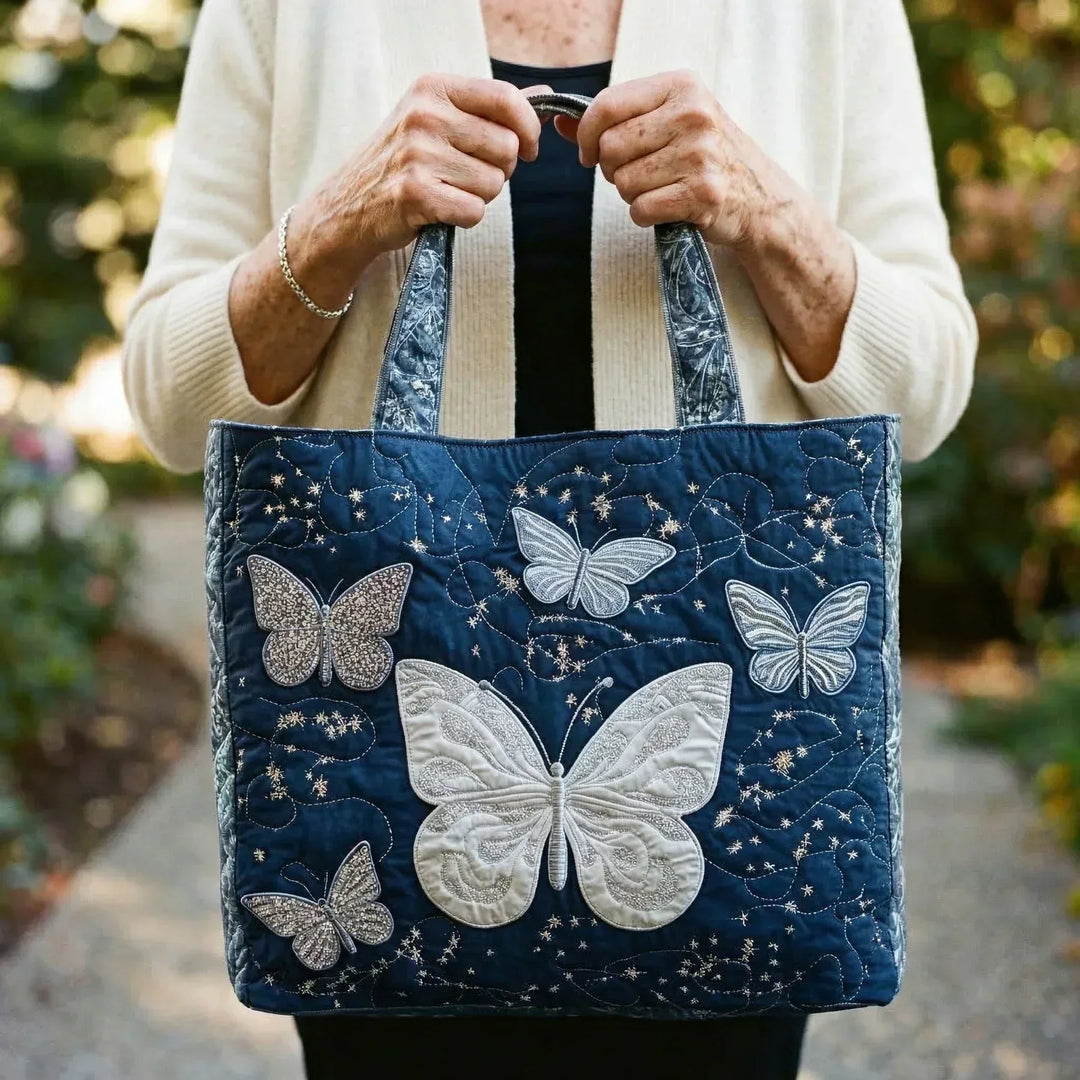 Silver Butterfly Quilted Tote Bag