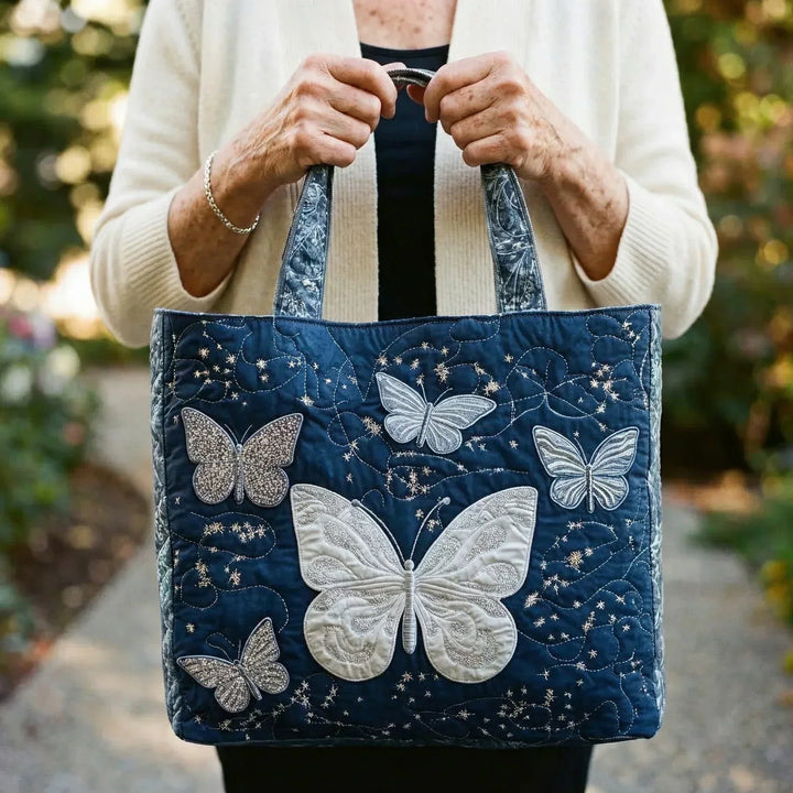 Silver Butterfly Quilted Tote Bag