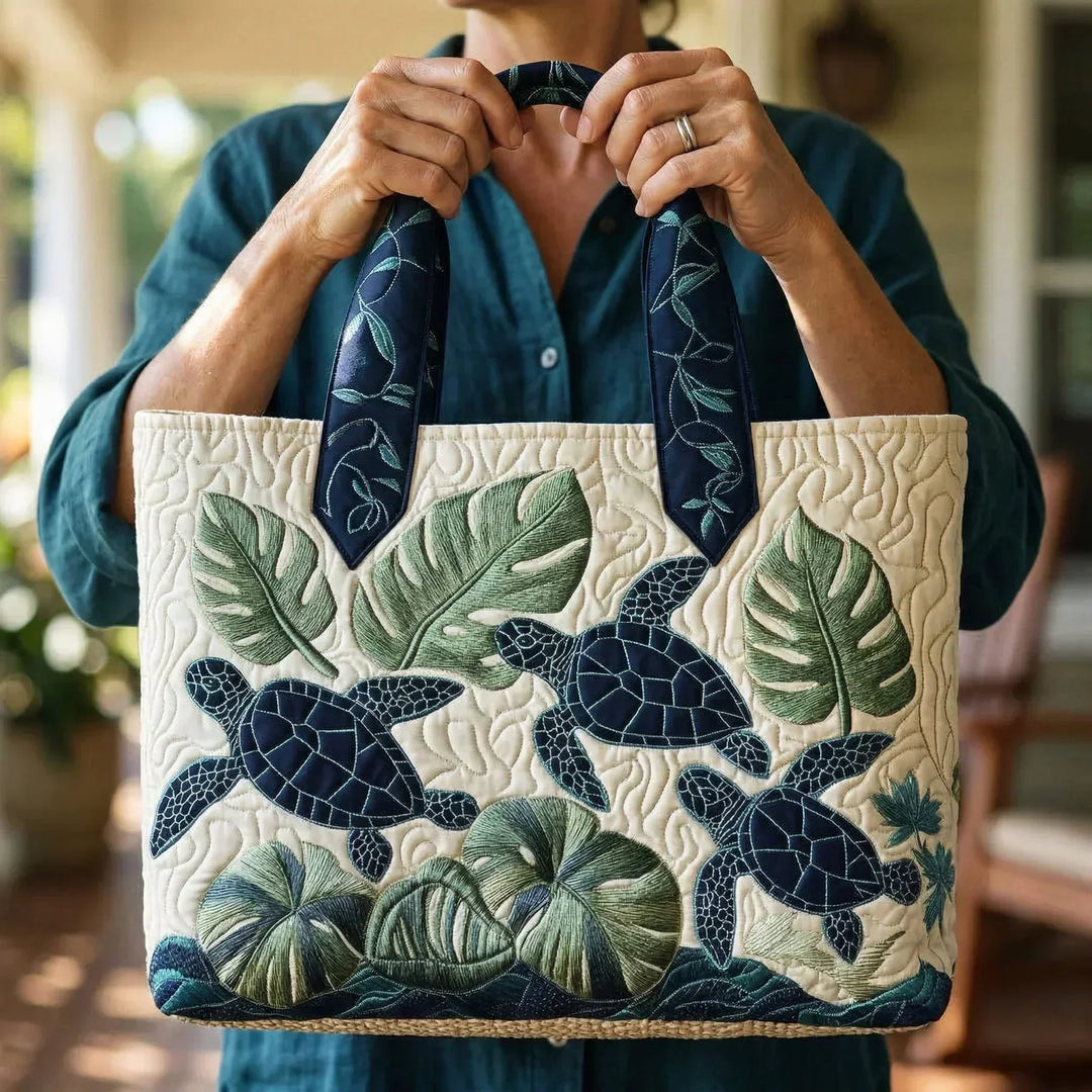 Tropical Leaf Turtles Quilted Tote Bag