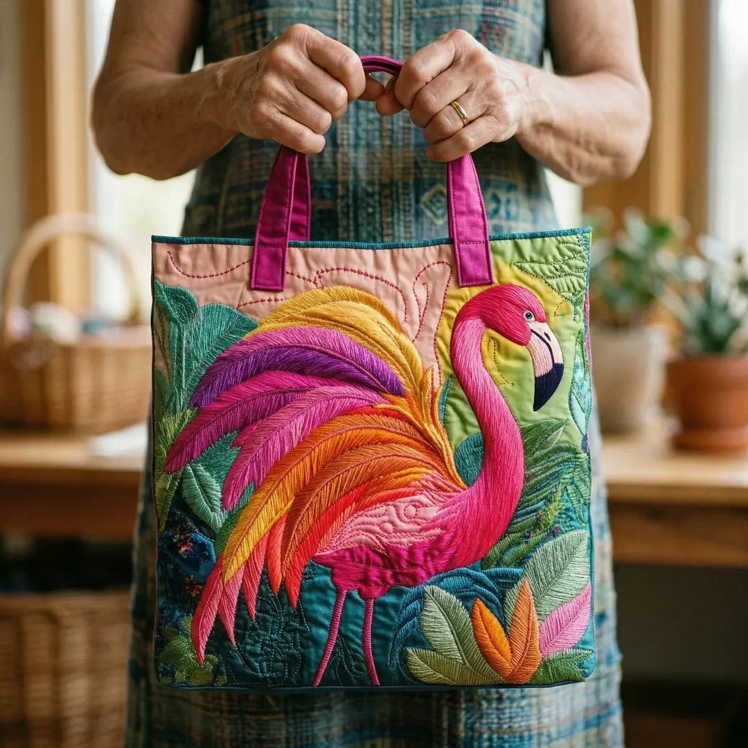 Flamingo and Rainbow Quilted Tote Bag