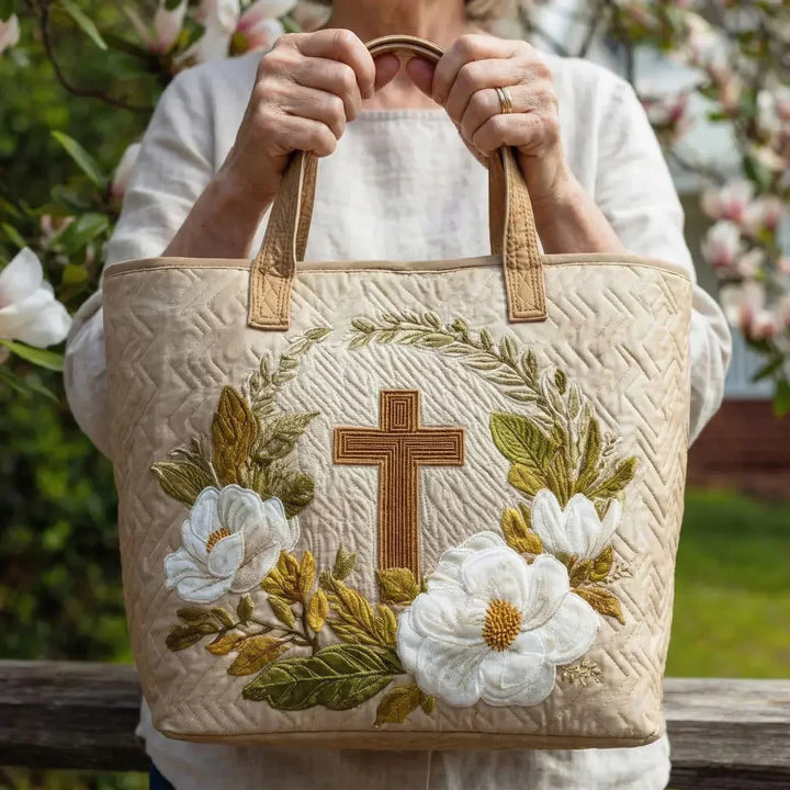 Floral Cross Quilted Tote Bag