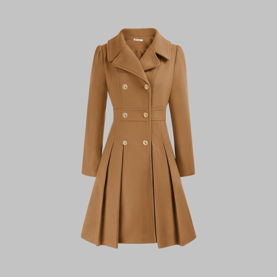 Emma | Women's Coat Double-Breasted Pleated A-Line Long Sleeve Overcoat