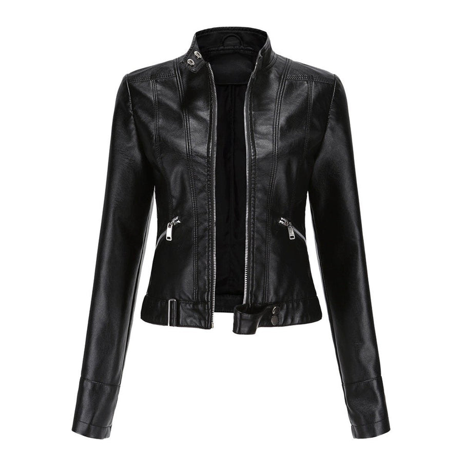 Victoria | Women's Cropped Faux Leather Jacket Stand-Collar Moto Biker