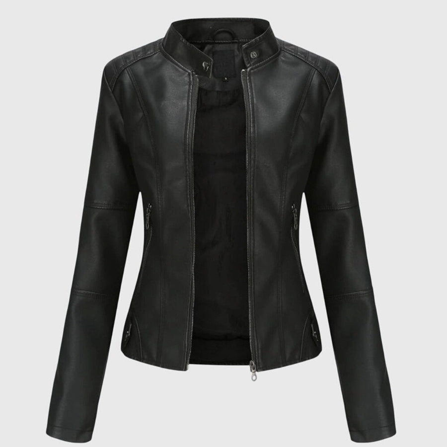 Mia | Women's Slim-Fit Faux Leather Moto Coat Stand-Collar Zip-Up Jacket